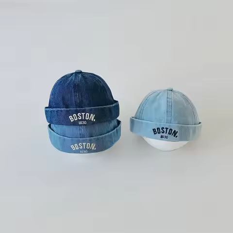 Washed Denim Baby Brimless Hat Retro Letter Embroidered Melon Cap for Infant Boy Girl Summer Adjusta