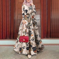 GDTIMA Buja Raya Abaya Muslimah Fashion Kaftan Round Neck Elegant Loose Print Dress
