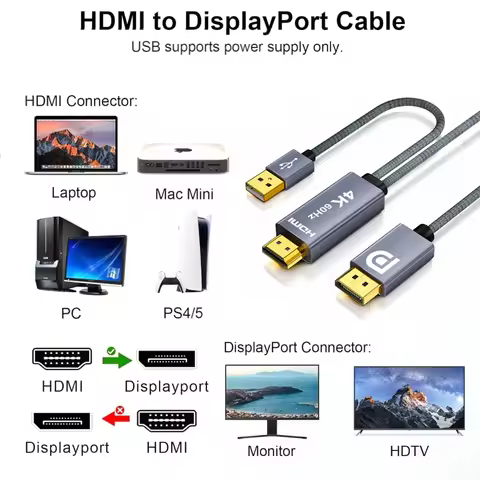 4K HDMI to DP Cable HDMI To Display Port Converter 144Hz Audio Video DisplayPort Cord Unidirectional