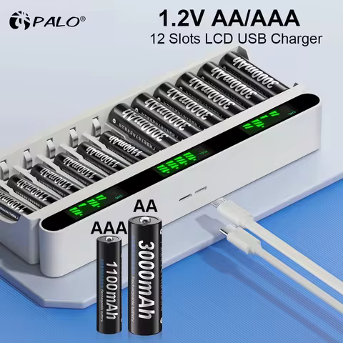 PALO 1.2V AA AAA NIMH Rechargeable Battery Batteries 2A 3A With 12 Slots LCD USB Fast Battery Charge