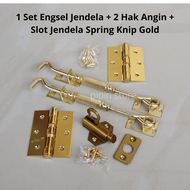 Paket Rambuncis Grendel Kunci Jendela Kayu 1 Set + Hak Angin Gold Cantolan Lamskar Penahan Jendela +