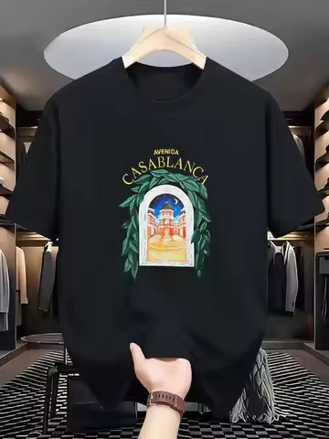 Casablanca Avenida Graphic T-Shirt French Style Architecture Print Short Sleeve Tee Casual Black Top