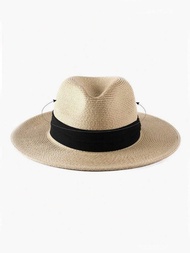 1pc 2026 New Women Straw Fedora Hat Foldable Wide Brim Sun Hat with Ribbon Band for Beach Vacation