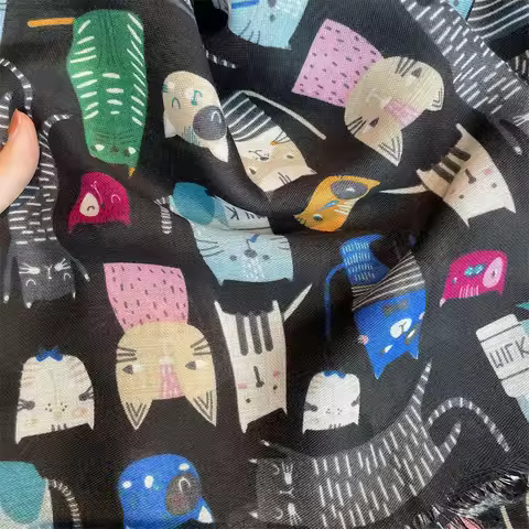 Spain Luxury Brand Fringe Viscose Scarf for Women Cartoon Cat Pattern Shawls and Wraps Pashmina Bufa