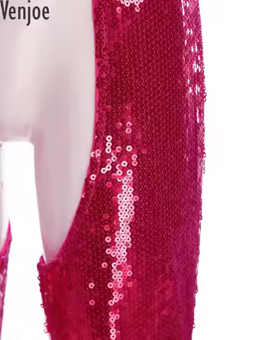 Womens Shiny Sequin Cowgirl Chaps Trousers Adjustable Waist Crotch Hollow Out Fully Lined Flared Pan