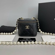 配件全套💓Chanel香奈兒 黑金全皮菱格迷你珍珠鏈條盒子包 31開 肩背包斜背包
