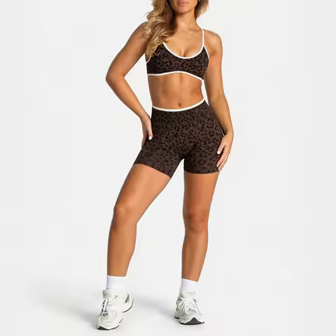 Women's Leopard Print Sports Bra & Shorts Yoga Set Workout Activewear Gym Suit