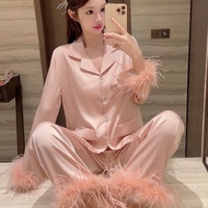 Pajamas Spring Autumn Ostrich Premium Feather Suit Ice Silk Homewear Women Celebrity Classy