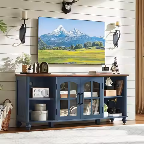 Farmhouse TV Stand 60-65 Inch, Wood Entertainment Center with Adjustable Shelves & Glass Door Cabine