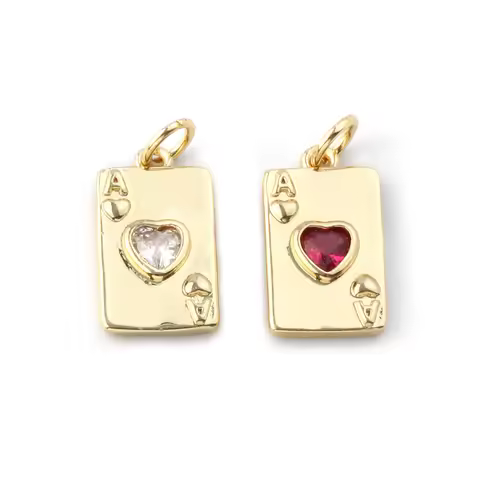 2 PCs Brass & Cubic Zirconia Poker/ Paper Card/ Game Card Charms 18K Gold Plated Poker Card Heart Pe