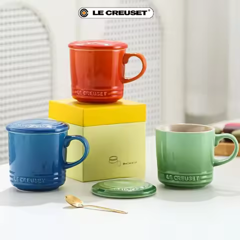 Le Creuset Stoneware Breakfast Mugs With Lid,350ml Stylish Coffee Tea Cups Multi Purpose Drinking Cu