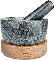 LUOLAO Large Mortar and Pestle Set, 2 Cup Capacity, Heavy Granite Stone Molcajete Bowl with Wood Base, Used in Guacamole, Salsa, Herb Crusher, Grind and Crush Spices and Nuts to Release Flavor, Black