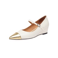 FairyWink French Color Block Pointed Toe Wedge Heel ผู้หญิง รองเท้าเดี่ยว Buckle Silver High Heels ท