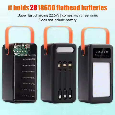 28x18650 Battery Case Dual USB Type C Charge Power Bank Case 22.5W PD QC4.0 with LED Flashlight Func