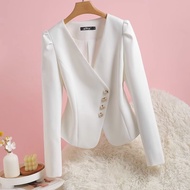 【M-4XL】Women Autumn New Fashion Black White All-match Collarless Blazer Jacket Korean Style Trend Short Outwear Small Blazer Coat Plus Size Office Ladies Work Wear Clothes