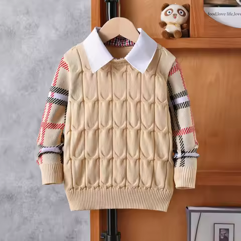 Boys' college style sweater fake two Fried Dough Twists knitted pullovers suitable for school daily 