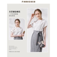 [94.7% Natural Cotton] famecoco Van Keer Short-Sleeved T-Shirt Women Summer 2022 Hollow Embroidered 