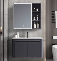 Bộ tủ lavabo màu xám kèm tủ gương có đèn led size 80cm