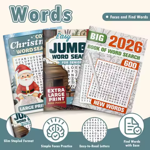3-Book English Word Search Puzzle Book Set, Christmas Word Search 300 Words + Jumbo Word Search For 