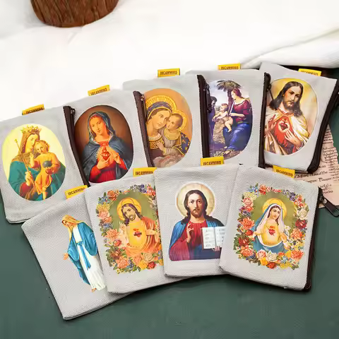 9x7cm Virgin Mary Jesus Image Double-sided Printed Canvas Bags Holy Items Rosary Storage Bags Cathol