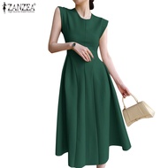 Zanzea ชุดเดรสสําหรับสตรีแขนกุดคอกลมทรงสลิมมีซิปสไตล์ฝรั่งเศส