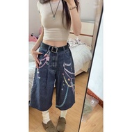 链条彩色印花七分牛仔裤女夏季美式复古宽松显瘦阔腿中裤子潮Chain colored printed seven quarter jeans for women's summer beauty beny