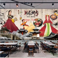 Custom Retro Hand-Korean Theme Restaurant Landscape  wallpaper mural  Korean style bbq Background  I
