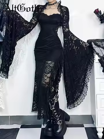 AltGoth Dark Gothic Lace Cover Ups Women Vintage Classic See Through Flare Sleeve Crop Top Blouse Y2