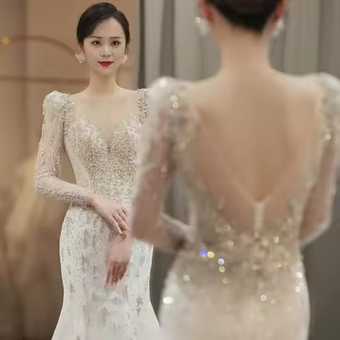 Fish Tail Light Wedding Dress New Bride French Backless Small Person Gathering Toasting Dress Welcom