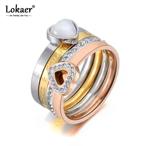 Trendy Stainless Steel Fine Ring Jewelry White Heart Opals & Rhinestone Bridal Wedding Engagement Ri