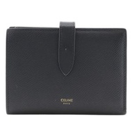 二手CELINE中型帶子錢包，義大利製造，黑色小牛皮雙折錢包，附按扣。