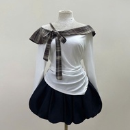 Women's Big Size Set Off Shoulder Bow T-shirt with Secret Skirt (with protection) Young Lady - SET(A
