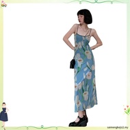 ✦CJ♣Women’s Sexy Suspender Long Dress Fashion Flower Printing Square Collar Skin Dress