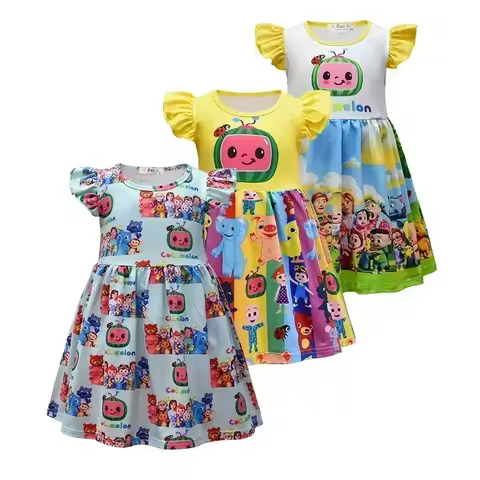 Cocomelon Girls Cartoon Shark Print Short Sleeve O Neck Ruffle Dress for Carnival Princess Outfits