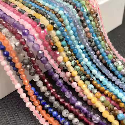 Natural Faceted Jades Agates Amazonite Quarts Stone Round Loose Spacer Bead for Jewelry Making DIY B