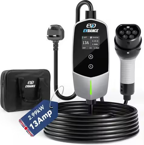 EVDANCE Portable EV Charger Type 2 UK Plug 13A 2.99KW EVSE Charger Current Adjustable Electric Car C
