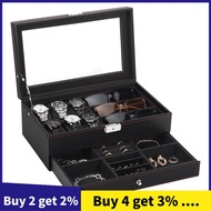 Watch Box, Mens Jewelry Box with 6 Slot Watch Case & 3 Slot Sunglasses Organizer, 2 Layers Lockable 