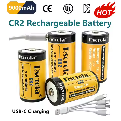 3.7V CR2 Li-ion Battery 9000mAh,Rechargeable CR2 Batteries with Charging Cable,USB-C Charging Port, 