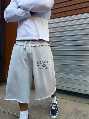 Streetwear Retro Pilot Sweatshorts Grey Crest Graphic Woven Label Frayed Long Shorts Y2K Swag Hip Ho