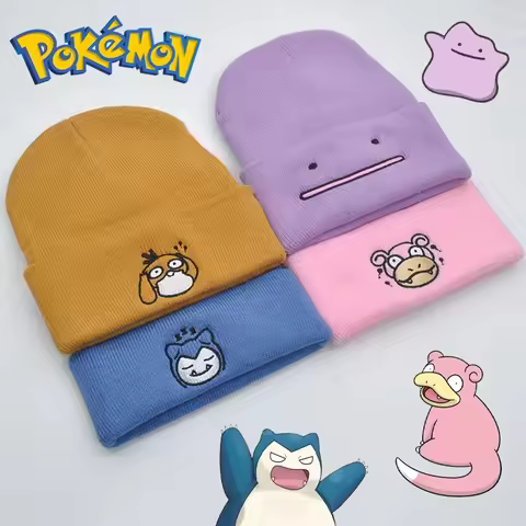 Pokemon Snorlax Ditto Psyduck Beanies Women Winter Warm Hat Anime Solid Color Funny Embroidery Cap f