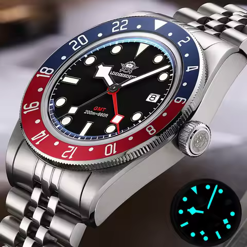 ADDIESDIVE GMT Watch Men Swiss Landa 515-24H Quartz 200M Waterproof Mineral Glass BGW9 Luminous Stee
