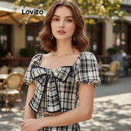 (Fashion_3) Lovito Casual Blouse Plaid Zipper Bow Blouse for Women L112ED249