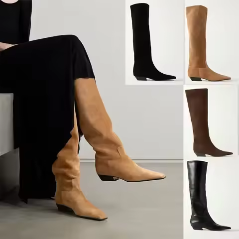 Ladies' Low Heel Knee High Women's Boots Autumn and Winter Square Toe Leather Fashionable 34-46 Larg