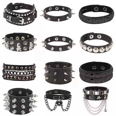 Gothic Spike Bracelet Adjustable Punk Rock Bracelet Black Studded Faux Leather Bracelet for Men Wome
