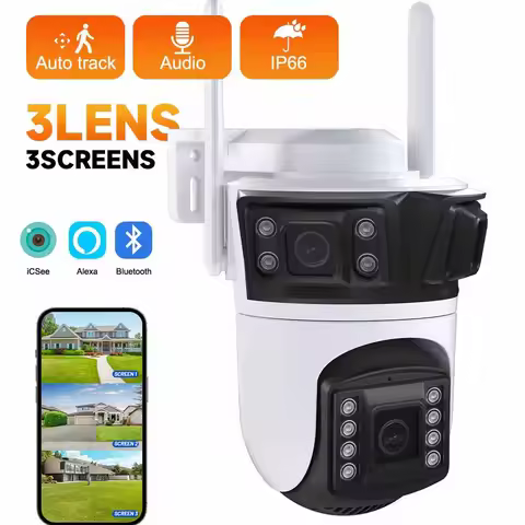 Three Lens PTZ IP Camera Outdoor 6K HD Three Screen WiFi Security Camera Auto Tracking 4K Dual Len W
