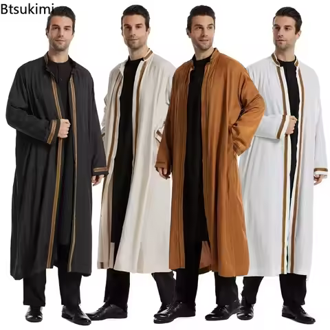 2026 Mid East Clothing Men's Traditional Jubba Thobe Fashion Stand Collar Cardigan Robe Muslim Open 