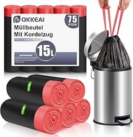 OKKEAI Black Bin Liners 15 L with Drawstring, Pack of 75 Bin Bags, Waste Bin with Handles (50 x 60 c