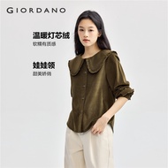 GIORDANO Women Shirts 100% Cotton Corduroy Sweet Young Shirts Ruffle Doll Collar Long Sleeve Fashion