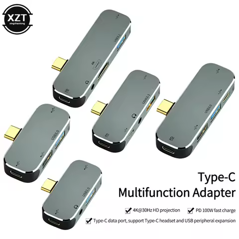 Multi-function 6 in 1 Type-C Hub 3.55mm Jack PD100W USB3.0/USB2.0/USB3.1 HDMI-Compatible USB Extende