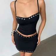 Women's Camisole Crop Top+Low Waist Mini Skirt 2 Pieces Set,Grommet Rivet Decor,Dystopian Style Soli